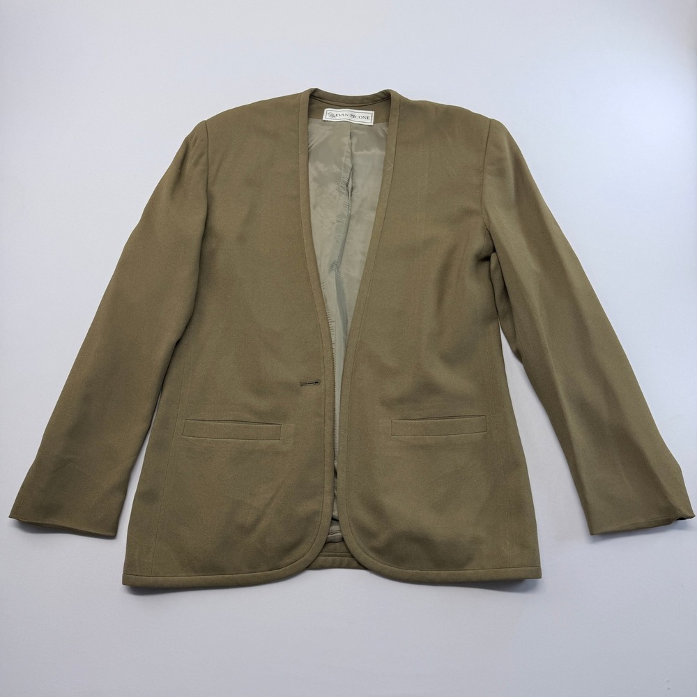 Evan-Picone Vintage Collarless Blazer Olive Green Size 12 Made in USA Open Front